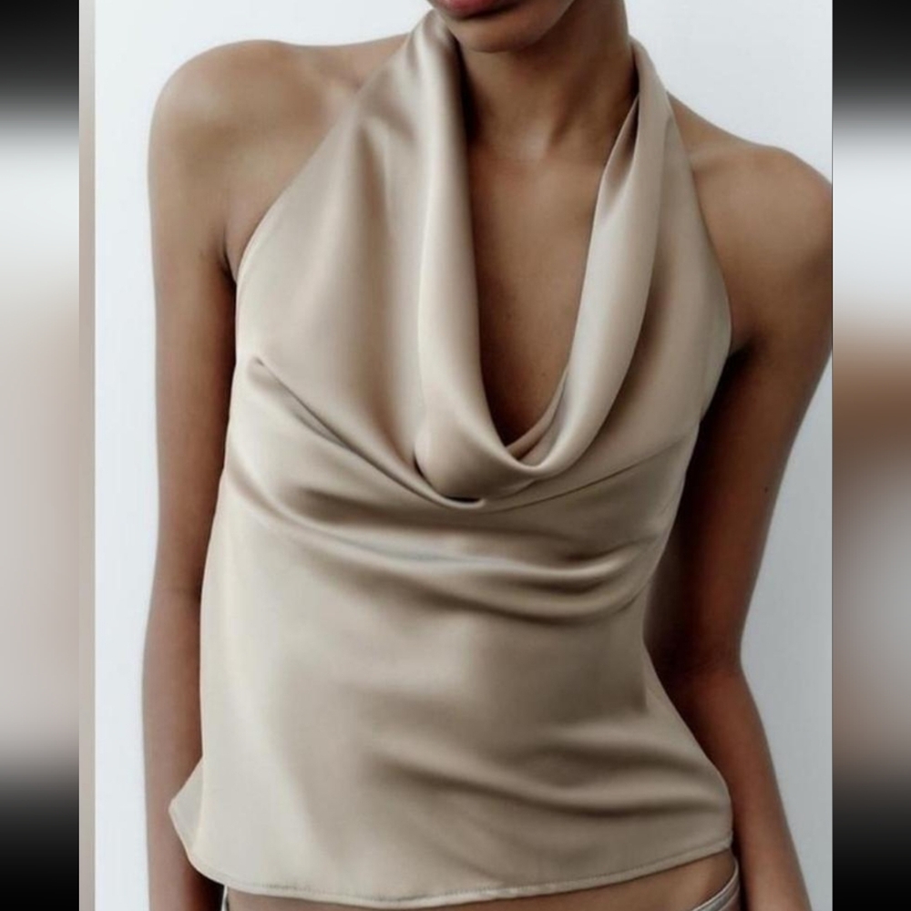 Zara Satin Halter Top in Beige